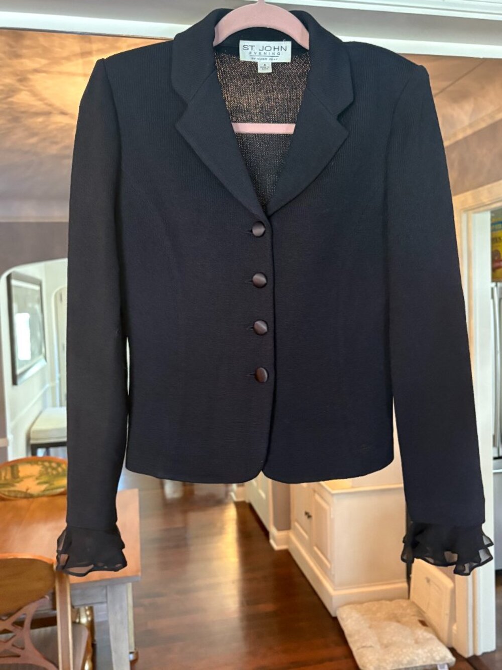 EUC St. John Black Classic Blazer/Jacket Silk Ruffle Cuffs/Buttons. Size 4
